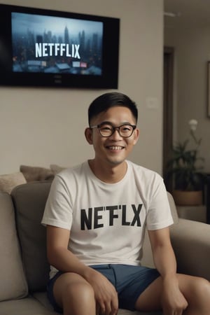 A 30-year-old Asian man wearing glasses, smile face wearing a t-shirt and shorts is sitting on the sofa in the living room of his condo, looking at the television. The picture on the television screen is the Netflix logo. Evening atmosphere. Real picture. High definition 64K Epic cinematic brilliant stunning intricate meticulously detailed dramatic atmospheric maximalist digital matte painting
