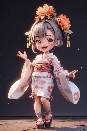 3d, chibi style, Busy stock exchange, cute girl wearing Japanese kimono, solo, very happy, smile open mouth, wearing a hairpin, Graphics in the style of DreamWorks Animation style