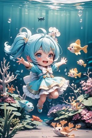 3d, chibi style, A magical underwater kingdom with girl, talking sea creatures, and a captivating tale of love and self-discovery, embodying the enchanting world of Walt Disney Animation Studios,very happy, smile open mouth,