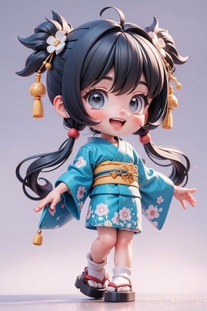 3d, chibi style, Busy stock exchange, cute girl wearing Japanese kimono, solo, very happy, smile open mouth,Graphics in the style of DreamWorks Animation style