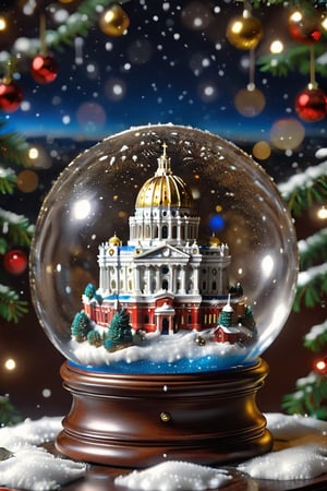 An epic, exquisite and realistic snow globe. The base of the snow globe is decorated with noble gold-encrusted rosewood and decorated with exquisite colored diamonds. The top of the snow globe is embellished with dazzling and moving diamonds. Inside the snow globe is a miniature model of St. Peter's Basilica in the Vatican Panoramic view, detailed presentation of architectural details, falling snowflakes. F.18, the lens focuses on the snow globe, 8K, the background is Christmas atmosphere, the trend style refers to ArtStation