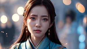 Best quality, high resolution, 8k, realistic, sharp focus, realistic image of lady with brown hair, black eyes, oriental girl in blue hanfu sad and crying, shiny skin, ice theme, fire god, Zhu Rong , Vulcan, Blury_light_background, EpicSky,
