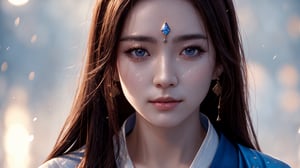 Best quality, high resolution, 8k, realistic, sharp focus, realistic image of lady with brown hair, black eyes, oriental lady wearing blue hanfu, shiny skin, ice theme, fire god, Zhu Rongshi, fire god , Blury_light_background, EpicSky, 1 girl with tears in her eyes