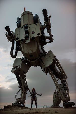 ((terrifying Mech machine with two massive legs with two mechanical feet)), 5-foot gun on top of the head, old grease joints and wires all over,  brown and green rusted metal all over Mech, thick welds look like scares, with pistons from the 1940 cyberpunk germany nazis,DonMASKTex ,mecha,westworld