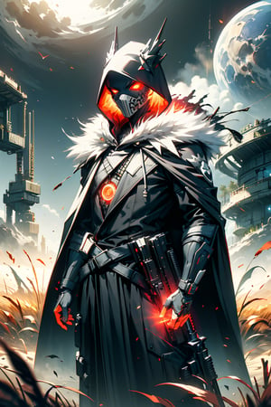 A futuristic warrior with an advanced rifle, wearing black and white robes with a hooded cape, a face mask with glowing red eyes, in a sci-fi setting in the wilderness of a planet comfortably hidden by grasses and plants, in the style of unreal engine. --ar 4:6 --s 150 --c 10 --v 6.0