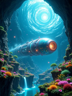 A colossal vessel hurtles through the fabric of reality, its luminous hull shimmering in the swirling light of the wormhole. A breathtaking view of a futuristic underwater colony, designed as a massive Submarine floating in the cosmos. The interior of the cylinder reveals a Blooming Bio-mes planned forest-city with bio-luminescent flowers of different colors blooming areas, shimmering lakes and waterfall and agricultural zones