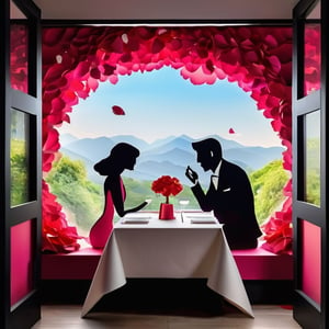 multi-layered 3d paper sculpture, a couple in a fashion dress sitting inside a restaurant with windows, restaurant overgrown with Rose Petals montsera leaves, fill the canvas