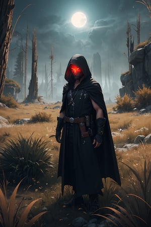 A futuristic Space Pirate with an advanced sward, wearing black and white robes with a hooded cape, a face mask with glowing red eyes, in a sci-fi setting in the wilderness of a planet comfortably hidden by grasses and plants, in the style of unreal engine. --ar 4:6 --s 150 --c 10 --v 6.0