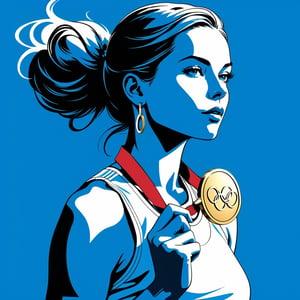 Vector art, Minimalist ink art, stunning beauty, Olympic athletes, gold medal, Olympic Rings, Tennis, a portrait picture, incredible detail, fantasy portrait, smooth skin, blue background,