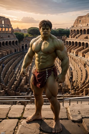 hulk as a Mighty futuristic gladiator, chest uncovered, lower body revealed from thighs to feet, cascading long curls, detailed muscular physique, lifelike depiction, 4K resolution. Background: Colosseum during a spectacular sunset,32k uhd, best quality, masterpiece, super detail, high details