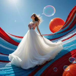 Surreal scene of the striped lady emerging from wavy striped liquid,  in white bridal gown, Chat Bubbles are covered around, Chat Bubbles float serenely across a clear blue sky, dreamlike ambiance, vibrant red hues, majestic aura , detailed embroidery, fantasy setting, lavish presentation, surreal beauty, mesmerizing floral expanse, enchanting atmosphere, realistic, real, reality