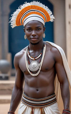 ((masterpiece, highest quality, Highest image quality, High resolution, photorealistic, Raw photo, 8K)), (whole body:1.3), Zaouli is a traditional dancer: (full body) Zaouli is a traditional dance of the Guro people of central Ivory Coast.