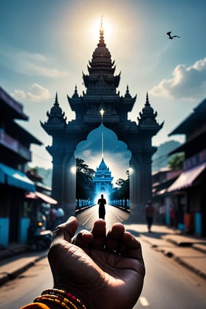 Silhouette outline of a 2 hand in prayer style, superimposed inside the silhouette is a tiny Hindu Temple with Lord Krishna on road, tilt shift double exposure photography, day background