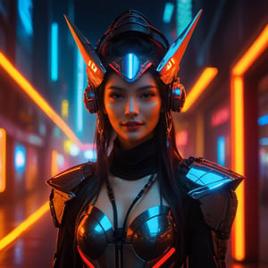 A futuristic cyborg witch illuminated by neon red and yellow lights, reflecting off sleek metallic accessories in a cyberpunk-inspired design.