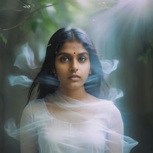 Portrait of a young Indian woman caught in a surreal moment of Duplication Delusion, where she sees multiple ethereal copies of herself in a softly lit, dreamlike environment