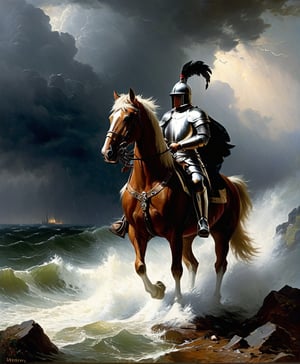 It was a a dark and stormy night, The noble knight  his helmet crested with a plume of white feathers  rode forth to battle with a spirit that nothing could daunt, in the  background Castle was a vast and majestic pile standing on an eminence and commanding the whole of the country around, as the storm increased the thunder rolled and the rain continued to beat with unabated fury, Andreas Achenbach, american scene painting, Albert Bierstadt, an oil painting