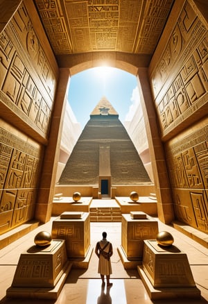 Double exposure 3D, Panopticon Octavio Pyramid: Egyptian civilization, Archaeologists studying the golden sarcophagi and hieroglyph-adorned walls of Tutankhamun's burial chamber are mythology way. conceptual digital art. Cubism, religiosity, dualism. Into, inside out, insert. Crispy quality