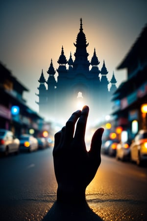 Silhouette outline of a hand with 5 fingers, superimposed inside the silhouette is a tiny Hindu Temple with Lord Krishna on road, tilt shift double exposure photography, Night background