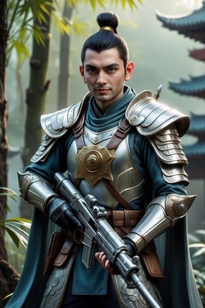 A cyberpunk anthropomorphic Mr. Bean warrior holding an assault rifle, Wearing exquisite Chinese Tang Dynasty Ming Guang armor, Behind is a bamboo forest, Fine details, Best quality, 8k, high resolution, (masterpiece:1.2), Super Detail, (1.4x more realism), HDR, Professional Studio Lighting, Ultra-fine, Clear depth of field, Physically Based Rendering, Extremely detailed description, Professional, Vivid colors, Film texture