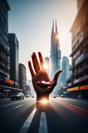 Silhouette outline of a hand with 5 fingers, superimposed inside the silhouette is a tiny Skyscraper city street market with flyover bridge, Ferrari car on road, tilt shift double exposure photography, mysterious