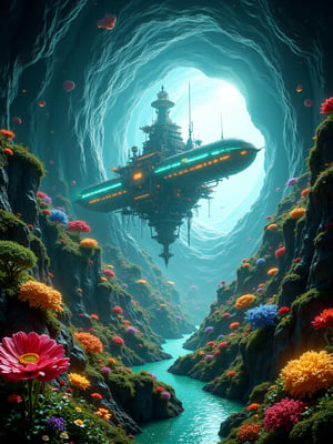 A colossal vessel hurtles through the fabric of reality, its luminous hull shimmering in the swirling light of the wormhole. A breathtaking view of a futuristic space colony, designed as a massive cylindrical structure floating in the cosmos. The interior of the cylinder reveals a Blooming Bio-mes planned forest-city with bio-luminescent flowers of different colors blooming areas, shimmering lakes and waterfall and agricultural zones