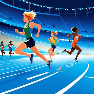 Vector art, Minimalist ink art, background spectators' seats blurred by motion blur, pixar, short distance track and field race, Olympic athletes running around the fourth corner in a stadium, fluttering hair, (sense of movement, sense of speed), (Minimalist ink art), simple line art, colorful Motion blur dot blue gradient background,