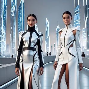 A captivating image of futuristic fashion, featuring models in sleek, high-tech outfits made from innovative materials. The designs should be bold and avant-garde, geometric patterns. The backdrop is a futuristic cityscape with dvanced technology, creating a vision of fashion in the future