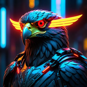 A futuristic cyborg eagle illuminated by neon red and yellow lights, reflecting off sleek metallic accessories in a cyberpunk-inspired design.