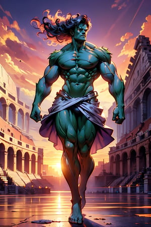 Hulk as a Mighty gladiator, chest uncovered, lower body revealed from thighs to feet, cascading long curls, detailed muscular physique, lifelike depiction, 4K resolution. Background: Colosseum during a spectacular sunset,32k uhd, best quality, masterpiece, super detail, high details