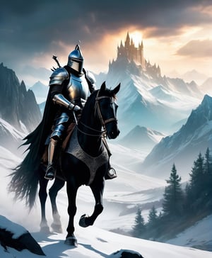 The last black knight wandering the wasteland, fantasy world, landscape, fantasy style, majestic snowy mountains, lush forests, magical creatures, ethereal lighting