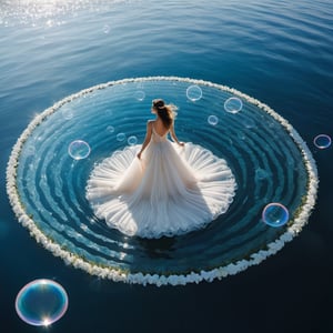 Extreme Wide Shot, aerial perspective, top-down view, grand scale, central subject, surreal scene of the striped lady emerging from wavy striped liquid, let's add an element of fantasy. in white bridal gown, Chat Bubbles are covered around, intricate crystal circle patterns, Chat Bubbles float serenely across a clear blue sky, with the largest and most brightly colored Chat Bubbles in the center, dreamlike ambiance, vibrant red hues, majestic aura , detailed embroidery, fantasy setting, lavish presentation, surreal beauty, mesmerizing floral expanse, enchanting atmosphere, realistic, real, reality