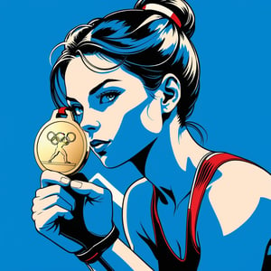 Vector art, Minimalist ink art, stunning beauty, Olympic athletes, gold medal, Olympic Rings, Boxing Action, a portrait picture, incredible detail, fantasy portrait, smooth skin, blue background,