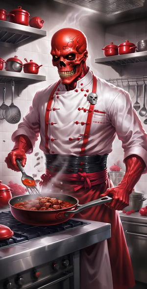 "Create an image of a menacing red skull in a kitchen, skillfully preparing a gourmet meal amidst pots and pans."white coat
White shirt,