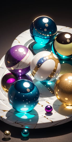 "Produce an image featuring an assortment of colorful glass marbles, capturing their unique patterns and shine as they rest gracefully, marble balls in all their splendor."