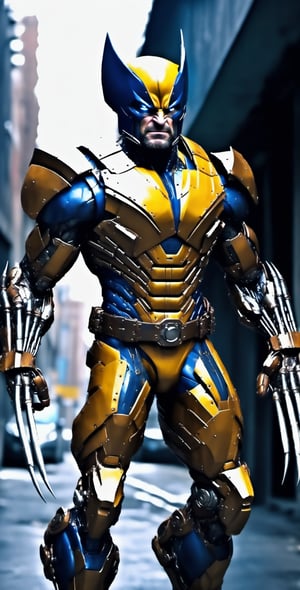 Wolverine style Hi-tech suit, Hi-Tech mechanical clows, Custom design, rough body armour , glowing look, full shining suit, body, hues.,steampunk style,cyberpunk style,mecha, perfect custom Hi-Tech suit, weapon master, ,cyborg style,Movie Still,robot,cyberpunk,Film Still,Cinematic,Cinematic Shot full body