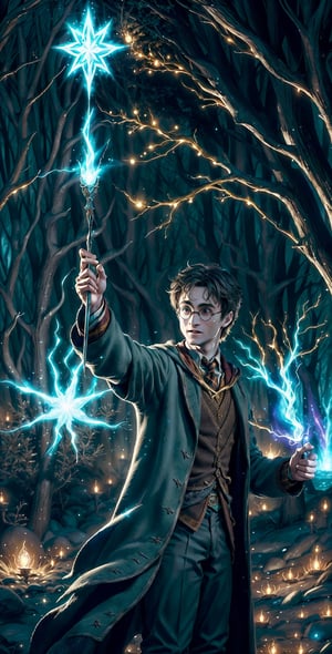 "In the enchanting world of Harry Potter, depict a scene where Harry stands in the heart of the Forbidden Forest, his wand held aloft. A mesmerizing array of luminescent spells burst forth, illuminating the darkness as he communicates with mystical creatures. The air crackles with magic as his focused expression reveals his determination to uncover the forest's secrets." Harry Potter, high detailed face Harry Potter, perfect face Harry Potter,