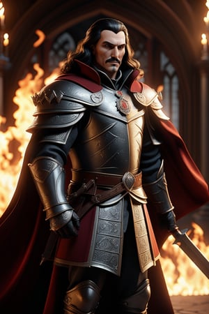 Vlad dracula on fire, photorealistic, epic, dramatic lighting, facing camera, finely detailed, armor, spear and shield, intricate design and details, ultra detailed, highest detail quality, ultra realistic, photography lighting, overcast reflection mapping, photorealistic, cinemeatic, cinematic lighting, movie quality rendering, hyperrealistic, focused, high details, octane rendering, focused, 8k, depth of field, real shadow, vfx post production, rtx ray tracing lighting, anime style,
