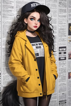  big hair, hair flowing over, messy hair, blue eyes, choker, closed mouth, collar, dog tail, hand in pocket, hat, hat with ears, hood, hoodie, jacket, yellow jacket, long hair, long sleeves, looking at viewer, nail polish, open clothes, open jacket, newspaper wall background,