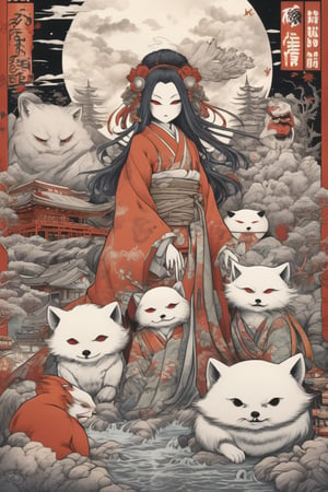 An illustration, character detailed, decor detailed, which has several characters on the cover Kitsune, Nekomata, Tengu, Oni, Tanuki, Yuki-Onna, Jorogumo, Yama-Oroshi, Kijimuna, in the background the funji world, manga style, HD, 2K
Negative prompt: painting, drawing, sketch, cartoon, anime, manga, render, CG, 3d, watermark, signature, label