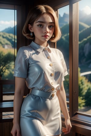 masterpiece, best quality, realistic, 8k, official art, cinematic light, ultra high res, 1girl,  standing, day, sunlight, light on face, bob cut hair 
 earrings , jewelry, Nature reserve, hair light