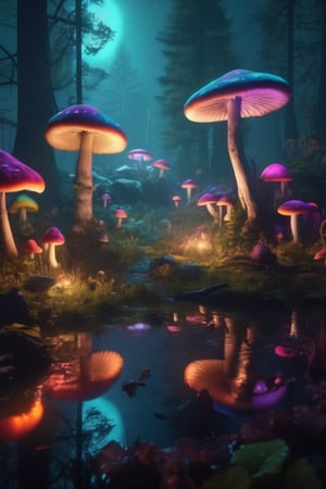 a misty swamp with many colorful giant mushrooms, at night, (many trees), beautiful lighting, fantasy colors, (vivid colors), highly detailed, octane render, 4k, trending on artstation, deviantart featured