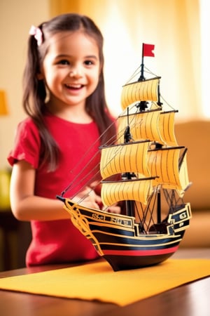 toy galleon on the table, cute girl excited holding ship, happy_face, 