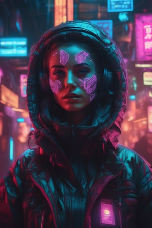 (masterpiece,best quality, ultra realistic,32k,RAW photo,detailed skin, 8k uhd, high quality:1.2), surrealist art detailed portrait Neon Operator Girl, cyberpunk futuristic neon, reflective puffy coat, decorated with traditional Japanese ornaments by Ismail inceoglu dragan bibin hans thoma greg rutkowski Alexandros Pyromallis Nekro Rene Maritte Illustrated, Perfect face, fine details, realistic shaded, fine-face, pretty face . dreamlike, mysterious, provocative, symbolic, intricate, detailed