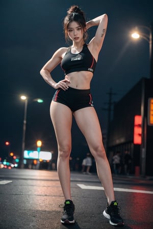ultra realistic, female euroasian model with tattoos, well - developed muscles, beautiful body, athletic legs and hips, attractive, confident and mean look, wearing black shorts and black cropped top activewear, wide fov, wide field of view, wide angle, hyper maximalist, shot at night with bright neon, tokyo city background, cyberpunk futuristic, bright saturated colors, award-winning, masterpiece, detailed, high resolution,