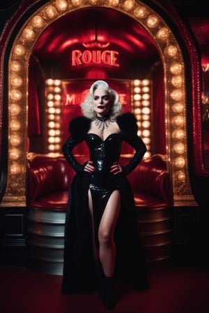 fullbody photoshoot of Moulin Rouge character a real gorgeous villian woman with snow white hair, red lips, a lush hourglass figure, in black polishing latex mini, intricate detailed in richest bejeweled, background moulin rouge, dramatic lighting, hyper realistic, 8k cinematic, UHD, 1080p, HQ