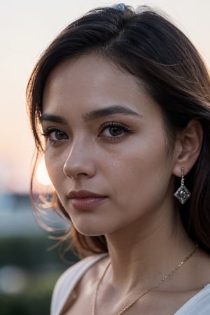 a photo of a woman Y8n3tGarc18, ((at sunset, dark brown eyes, dramatic close up portrait, posing for photo, face focus, bokeh, rim lighting)), ultrarealistic, photorealistic, 8k, dslr, beautiful, makeup, diamond necklaces, diamond earrings, perfect face, detailed skin, detailed face, detailed eyes 