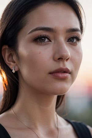 a photo of a woman Y8n3tGarc18, ((at sunset, dark brown eyes, dramatic close up portrait, posing for photo, face focus, bokeh, rim lighting)), ultrarealistic, photorealistic, 8k, dslr, beautiful, makeup, diamond necklaces, diamond earrings, perfect face, detailed skin, detailed face, detailed eyes 