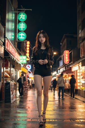 realistic close portrait of very beautiful girl, a young supermodel girl, asian market backgroud, shop neon signs, night city lights, green eyes, full body photo, photo realistic, perfect fitness body, long legs, beautiful perfect symmetrical face, expressive eyes, doe eyes, high cheekbones, long hair, long beautiful flowing ink like hair, delicate makeup, aperture 1. 8, bokeh, lens flare, melancholy expression, extradimensional, ultra hd, hdr, 8k, cinematic lights, extremely high details, asian market backgroud, shop neon signs, night city lights