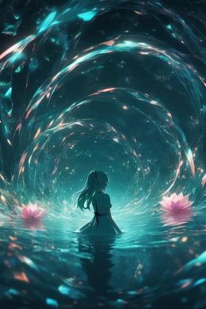 (masterpiece, best quality, highres, anime, pixiv), (1girl, solo, hatsune miku, in an abstract water, looking at viewer), (romanticized, bloom, swirling lights, light particles, detailed, 8k)