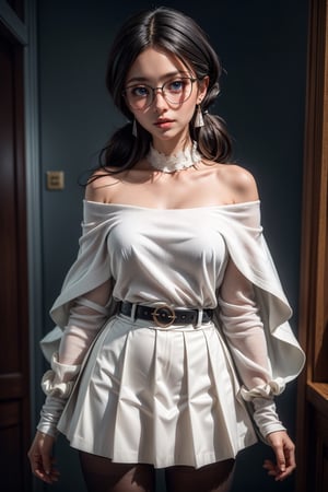 (masterpiece, best quality, 8k, RAW photo, beautiful and aesthetic:1.2), complex detail, 1girl, blue eyes, wearing glasses, megane, off shoulder, , , , epiCPhoto, , , Frieren, twintails, earrings, FrierenBase, white capelet, striped shirt, white skirt, long sleeves, belt, black pantyhose,